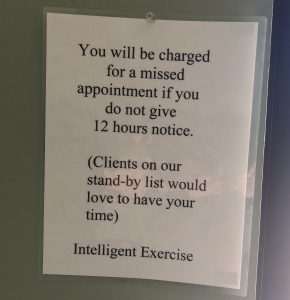 Doug Holland's cancellation policy at Intelligent Exercise. Clear for everyone to see.