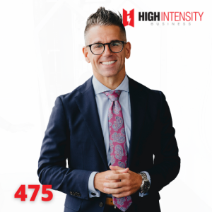 A profile photo of Luke Carlson with a white background with the High Intensity Business podcast logo on the top-right and the episode number (475) on the bottom-left.