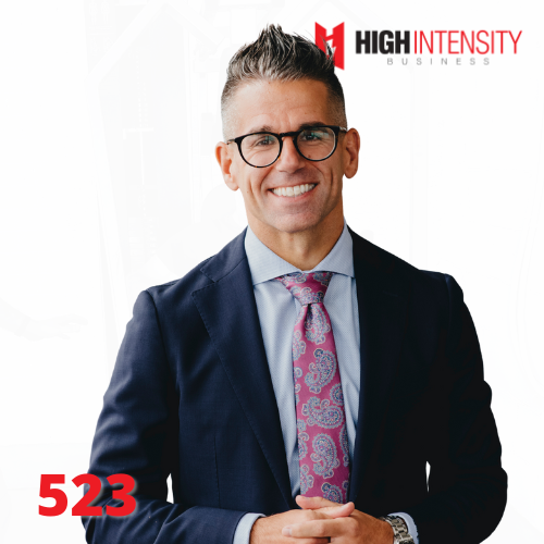A profile photo of Luke Carlson with a white background with the High Intensity Business podcast logo on the top-right and the episode number (523) on the bottom-left.