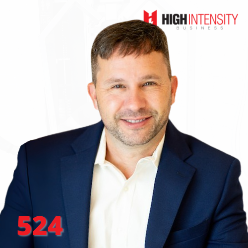 A profile photo of TJ Milam with a white background with the High Intensity Business podcast logo on the top-right and the episode number (524) on the bottom-left.