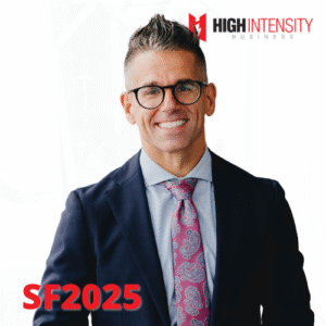 A profile photo of Luke Carlson with a white background with the High Intensity Business podcast logo on the top-right and the episode code (SF2025) on the bottom-left.