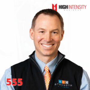 A profile photo of Jeff Tomaszewski with a white background with the High Intensity Business podcast logo on the top-right and the episode code (555) on the bottom-left.