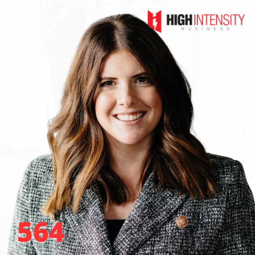 A profile photo of Hannah Johnson with a white background with the High Intensity Business podcast logo on the top-right and the episode code (564) on the bottom-left.
