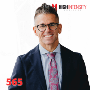 A profile photo of Luke Carlson with a white background with the High Intensity Business podcast logo on the top-right and the episode code (565) on the bottom-left.
