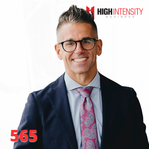 A profile photo of Luke Carlson with a white background with the High Intensity Business podcast logo on the top-right and the episode code (565) on the bottom-left.