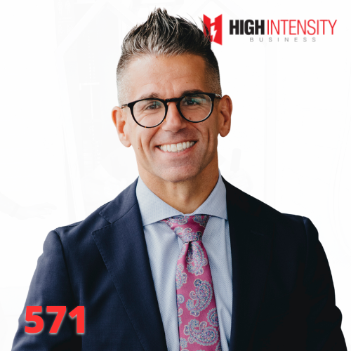 A profile photo of Luke Carlson with a white background with the High Intensity Business podcast logo on the top-right and the episode code (571) on the bottom-left.