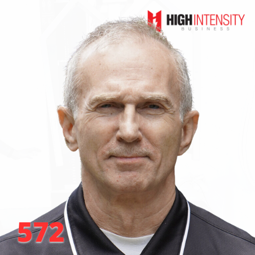 A profile photo of Matt Brzycki with a white background with the High Intensity Business podcast logo on the top-right and the episode code (572) on the bottom-left.