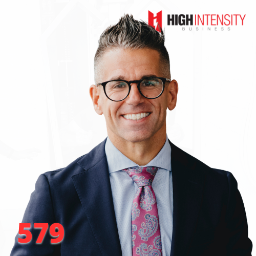 A profile photo of Luke Carlson with a white background with the High Intensity Business podcast logo on the top-right and the episode code (579) on the bottom-left.